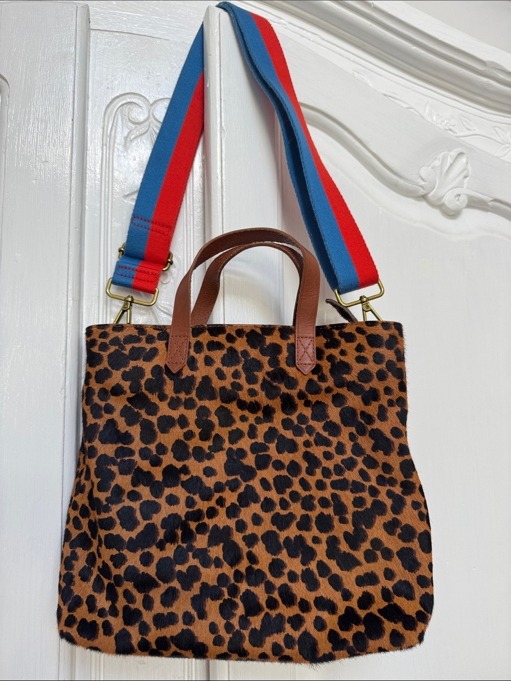 Madewell Leopard Print Tote with Red & Blue Strap